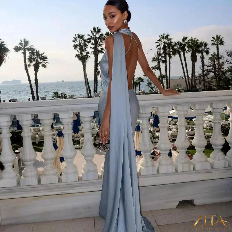 Zita La Belle Elite backless lace-up maxi party dress with sleeveless ribbon design, elegant evening gown for formal occasions.