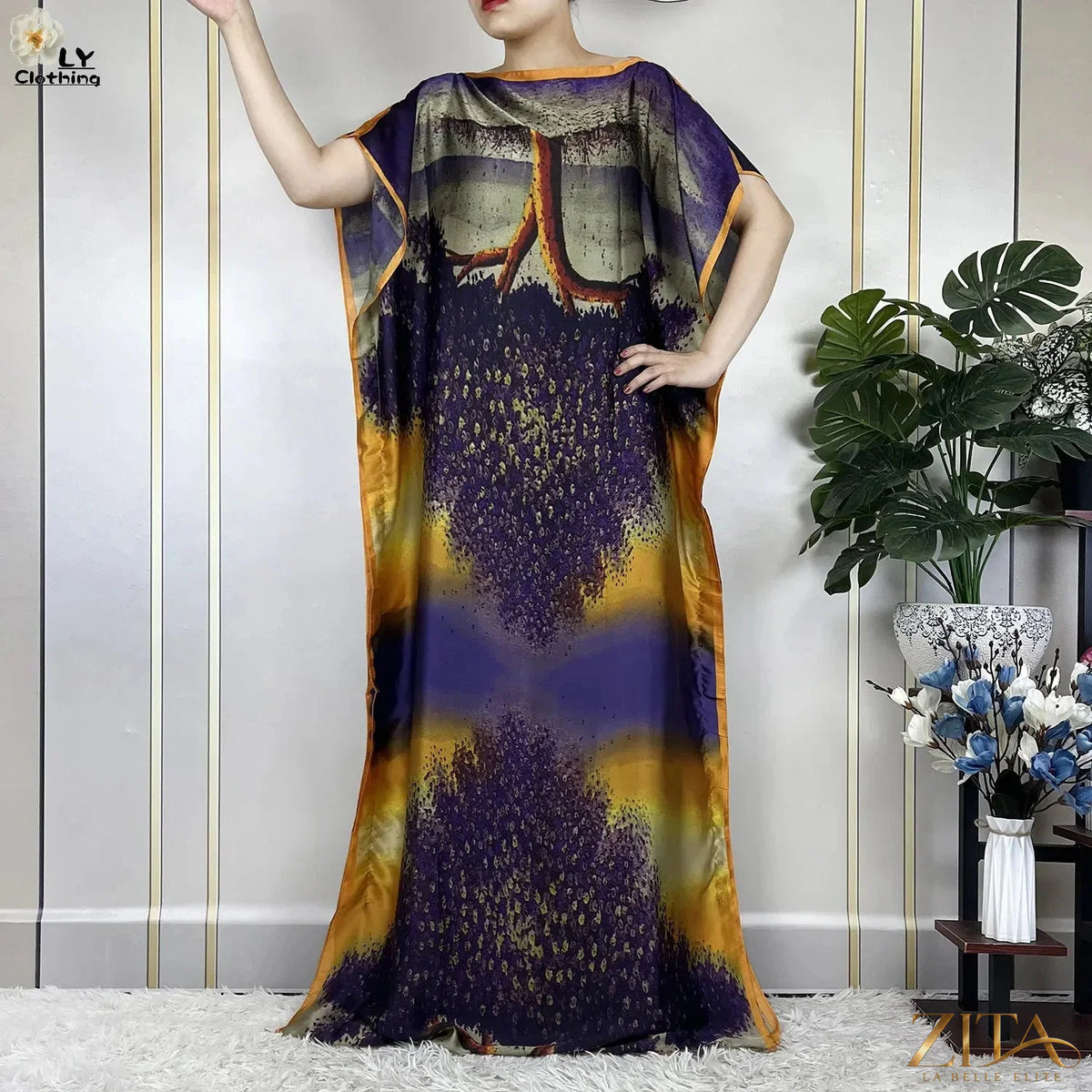 Women’s printed silk maxi dress with belt and turban, loose fit, suitable for summer parties, by Zita La Belle Elite.