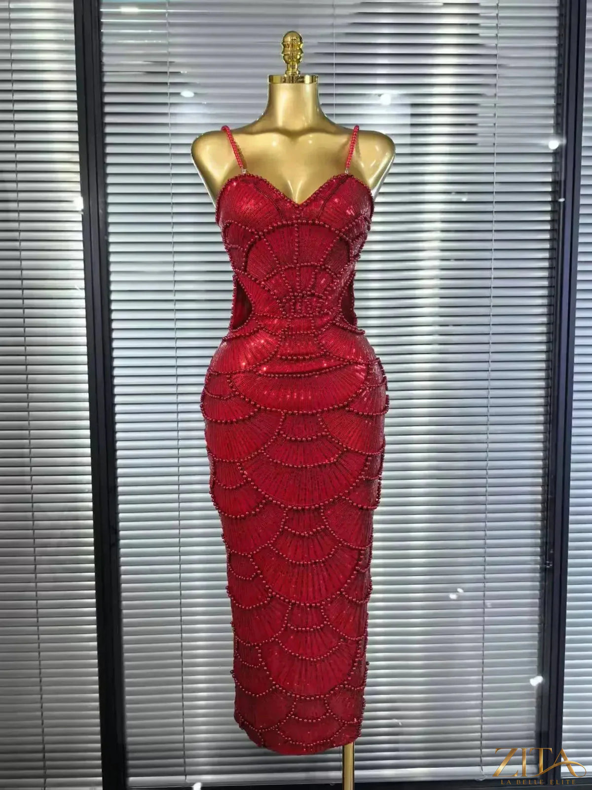 Pearl beaded sleeveless bodycon Christmas party dress by Zita La Belle Elite, featuring elegant design and festive style.