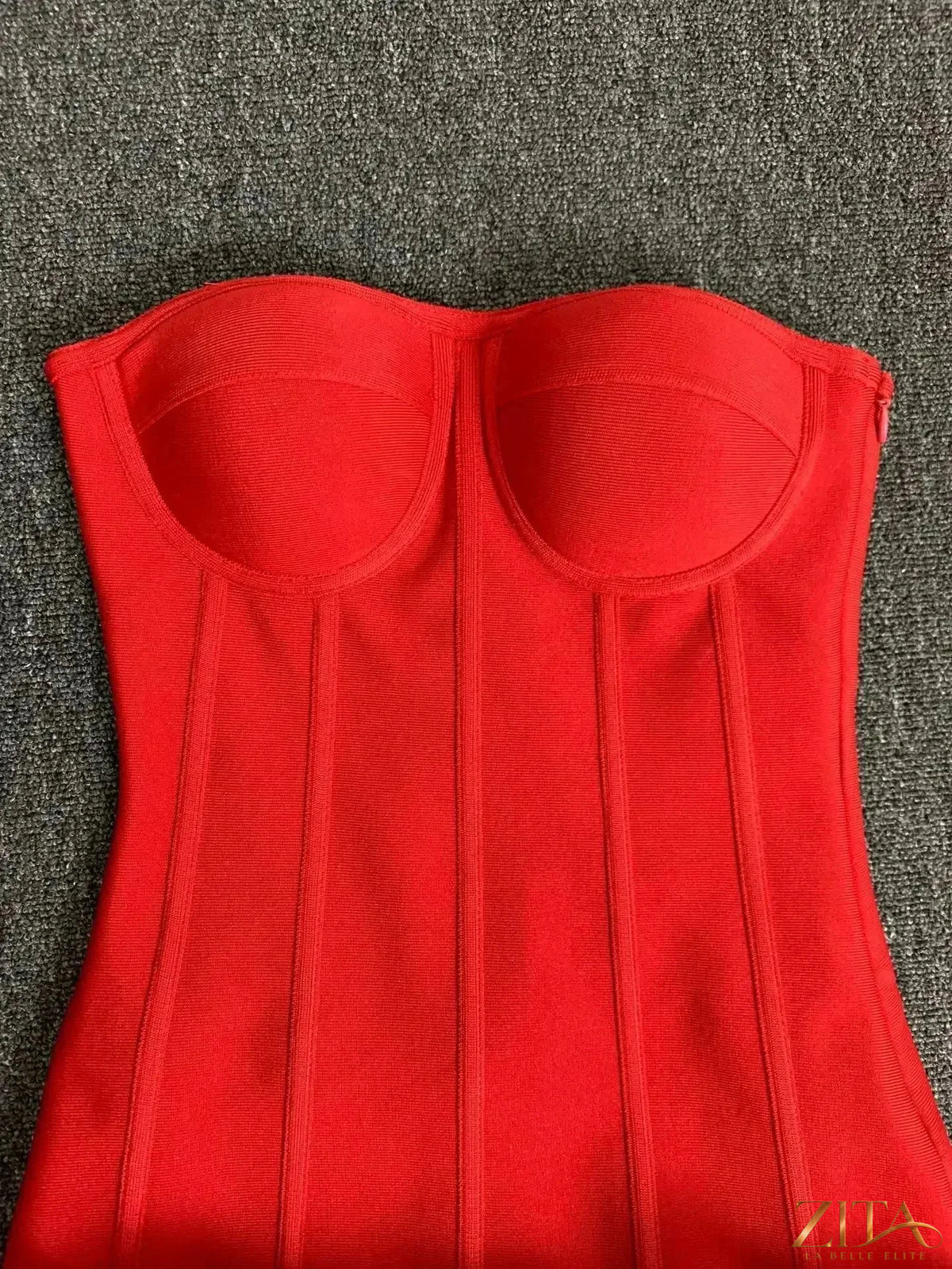 Zita La Belle Elite strapless lace-up back bodycon mini dress with intricate lace details and fitted silhouette for party wear.