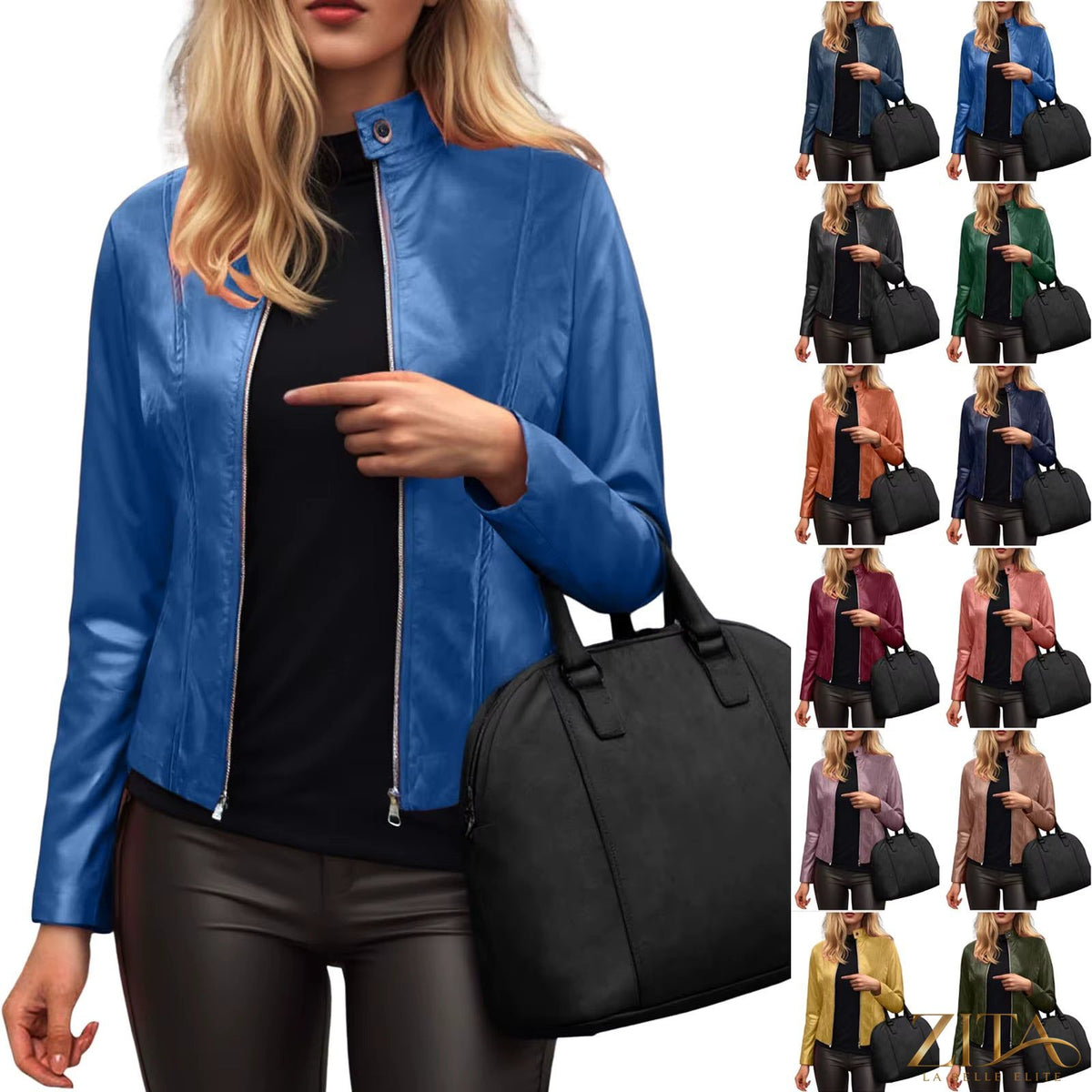 Women’s slim fit faux leather moto jacket by Zita La Belle Elite, shown in black with silver zipper details.