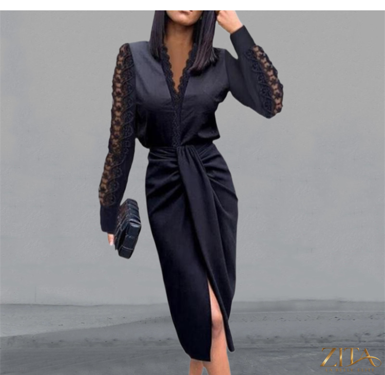 Black V-neck lace long sleeve party dress by Zita La Belle Elite, featuring a fitted silhouette with intricate lace details.