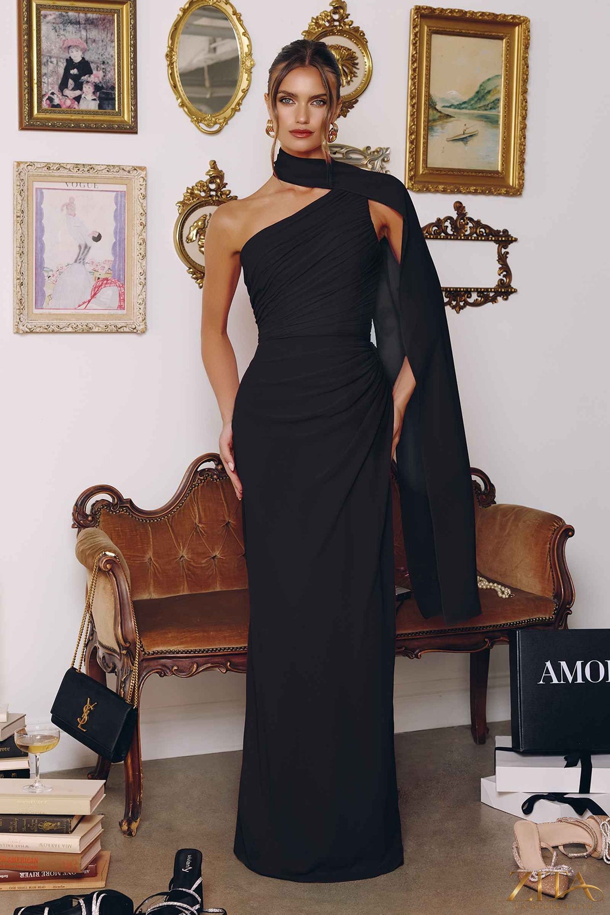 Black one-shoulder chiffon formal gown by Zita La Belle Elite, front view showcasing elegant design and flowing fabric.