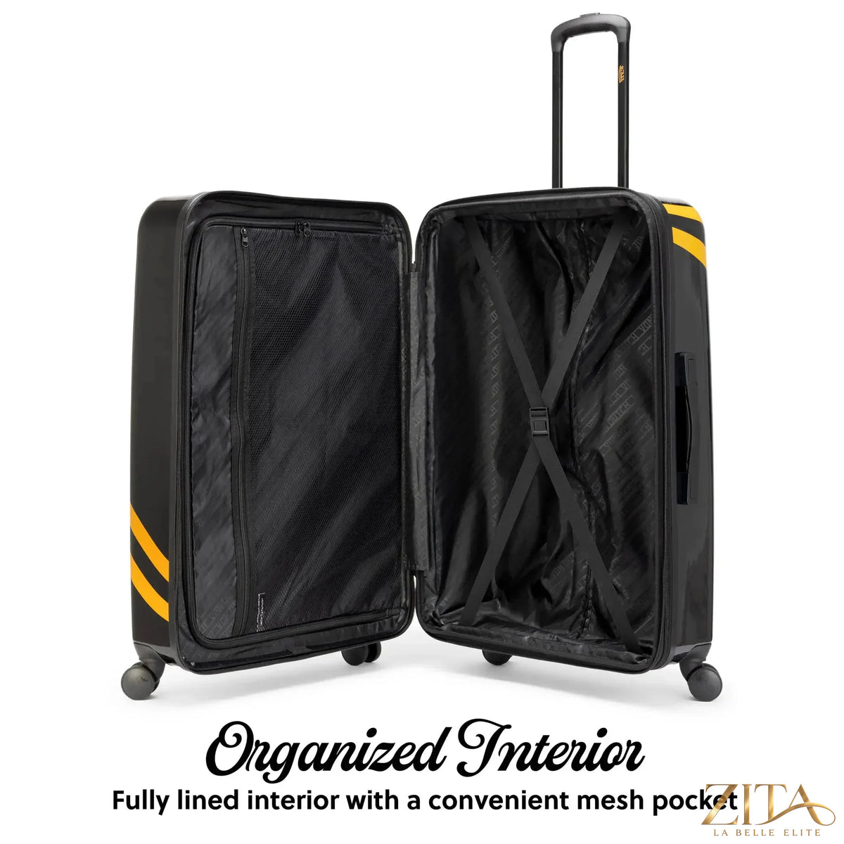 Zita La Belle Elite Kustom Kulture 3-piece expandable hardside spinner luggage set with interior compartments and metallic finish.
