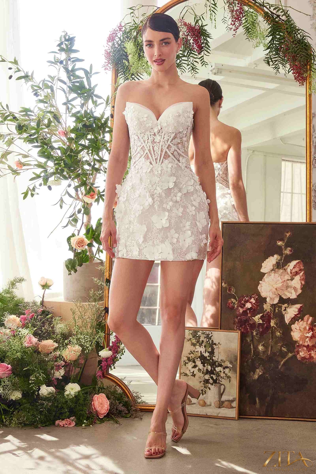Off-white sweetheart strapless midi bridal dress by Zita La Belle Elite, front view showcasing elegant design and fit.