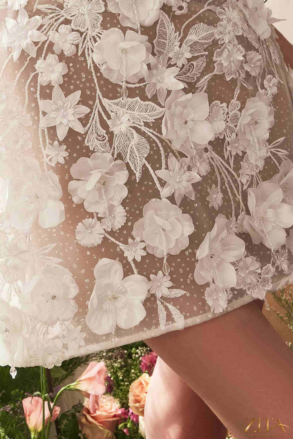 Zita La Belle Elite strapless short bridal midi wedding dress with dimensional floral and lace details in off-white and nude