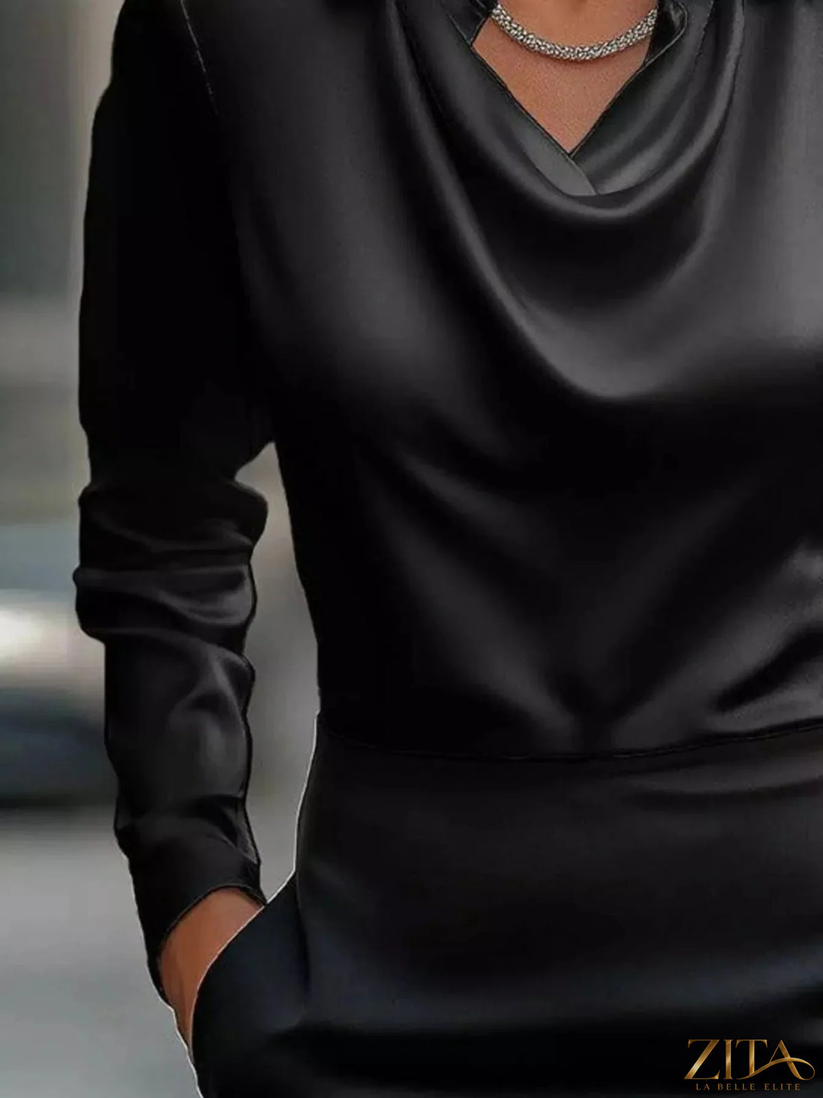 Full size satin cowl neck long sleeve blouse by Zita La Belle Elite, showcasing its elegant draped neckline and smooth satin fabric.
