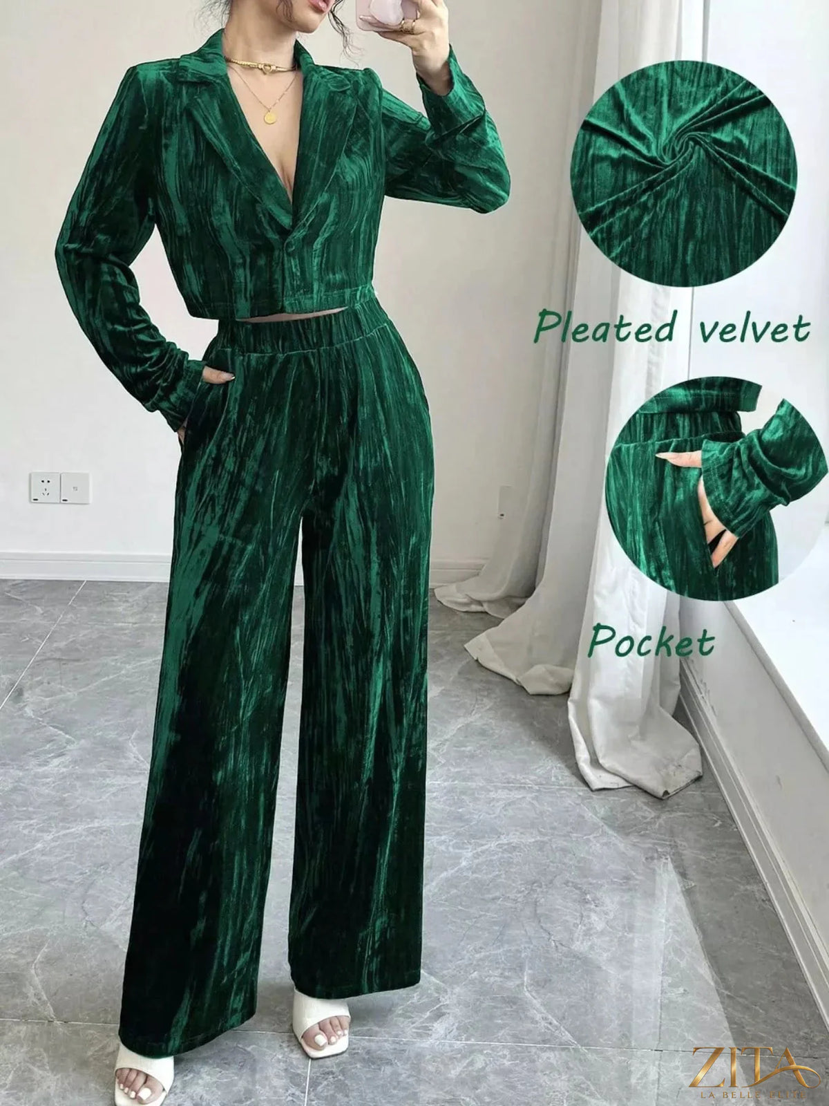 Zita La Belle Elite pleated velvet blazer and wide-leg pants set, featuring a stylish tailored fit and rich velvet fabric.