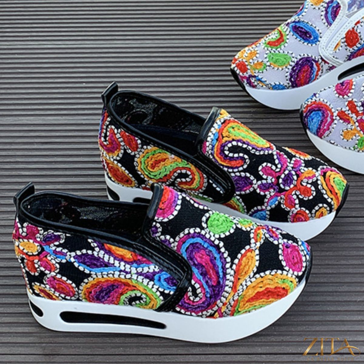 Printed platform round toe sneakers by Zita La Belle Elite featuring bold patterns and a chunky sole for a trendy, casual look.