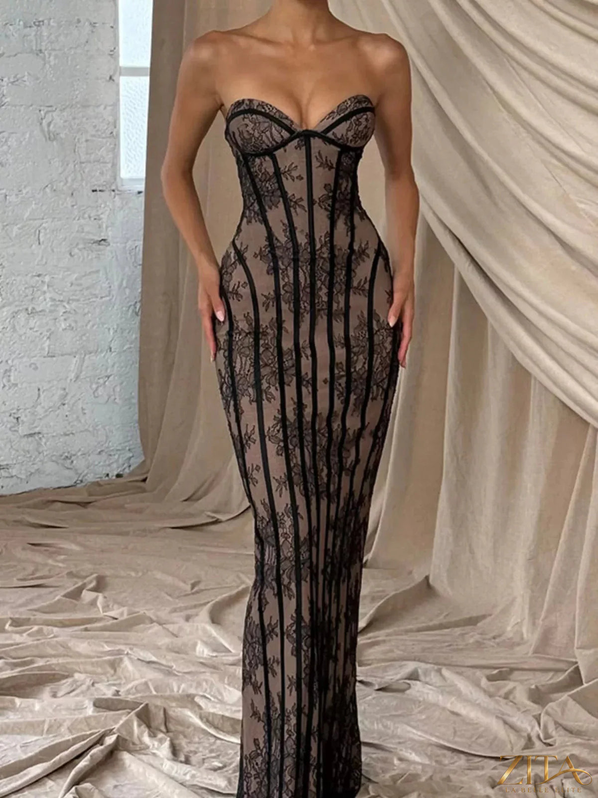 Zita La Belle Elite lace-up back strapless maxi dress with flowing fabric and elegant design, perfect for formal occasions.