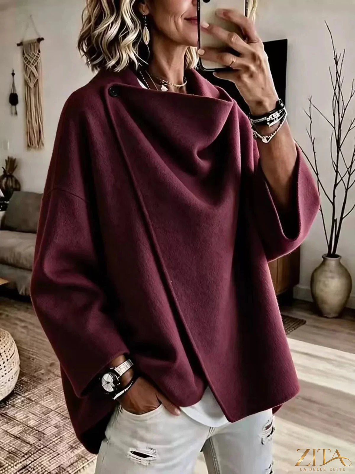 Plus size Zita La Belle Elite asymmetric cowl neck cape, stylish full-size cape with draped neckline, elegant and cozy outerwear.