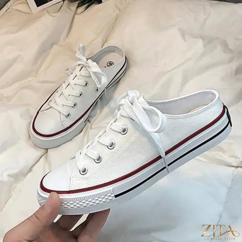Zita La Belle Elite round toe lace-up canvas sneakers featuring white rubber soles and classic casual design.