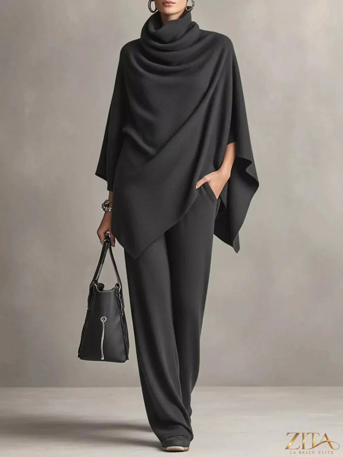 Plus size full-coverage turtleneck poncho and wide-leg pants set by Trendsi, shown in a cozy, stylish outfit.