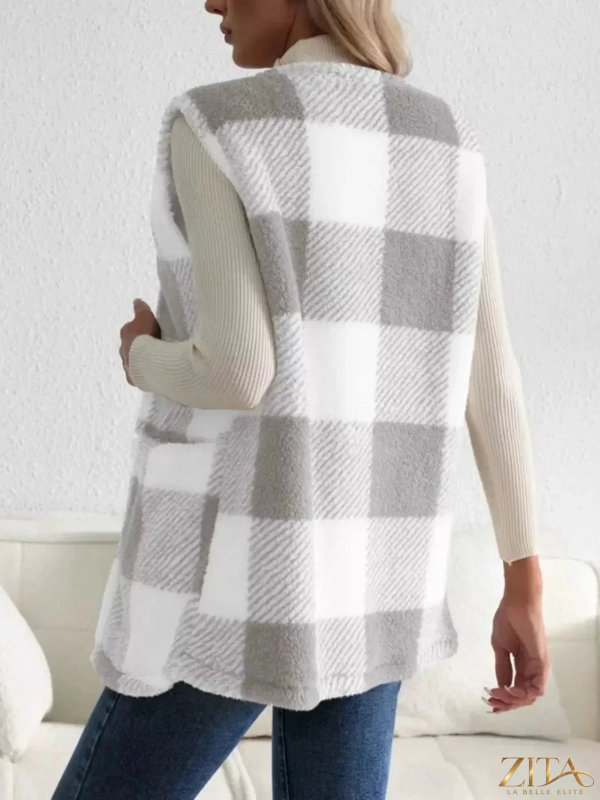 Zita La Belle Elite cozy plaid sherpa vest coat with soft lining and button closure, perfect for layered winter fashion.