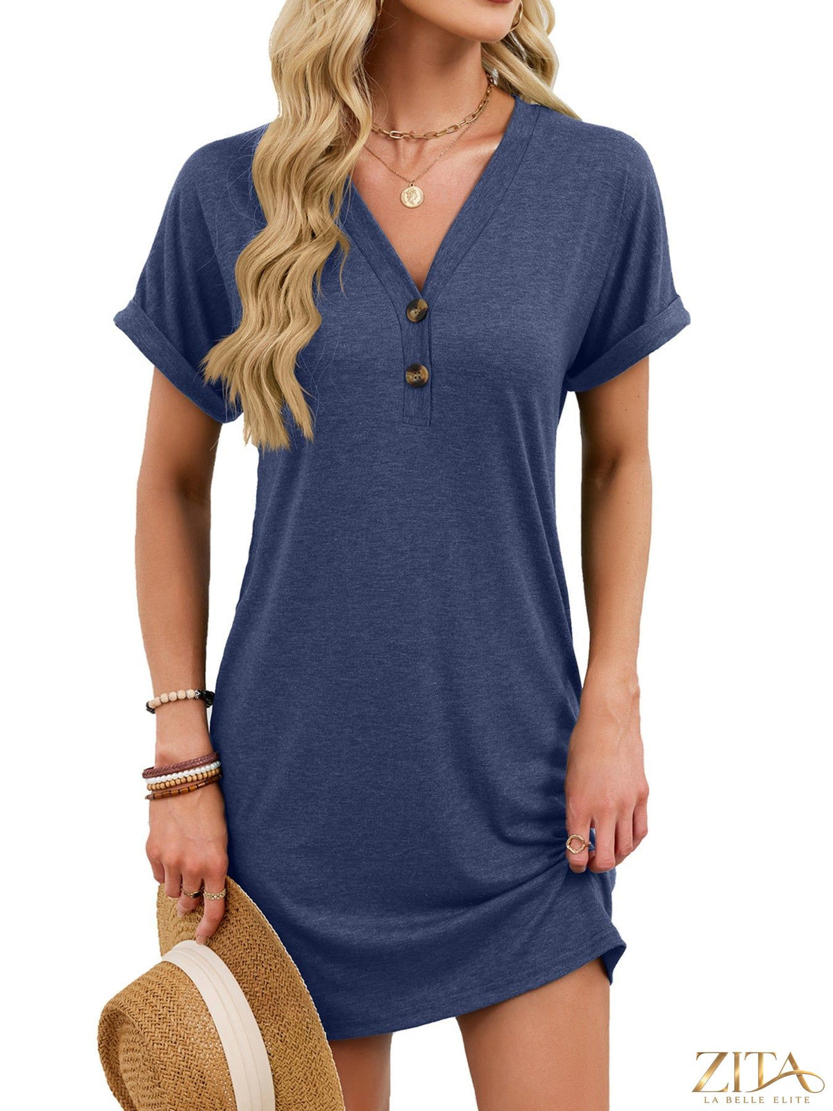 Zita La Belle Elite casual v-neck short sleeve T-shirt dress in soft fabric, model wearing it outdoors, showing relaxed fit and style.