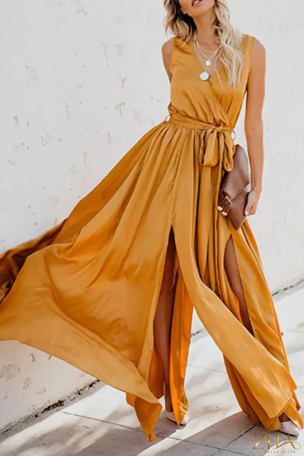 Zita La Belle Elite surplice tie waist maxi dress in flowing fabric, featuring a V-neck and elegant silhouette.