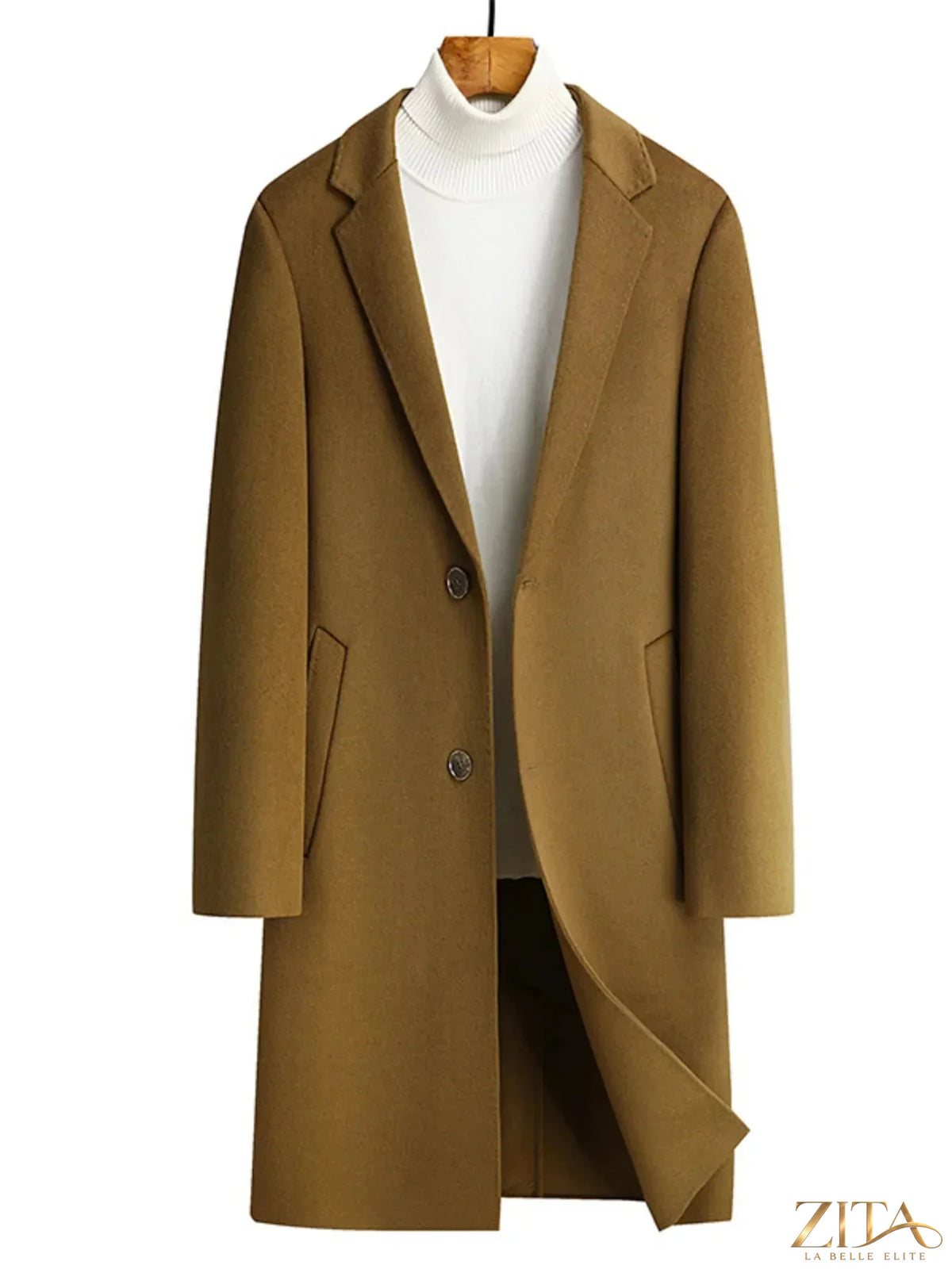 Men's plus size long coat with lapel collar by Zita La Belle Elite, shown in a classic style on a model.