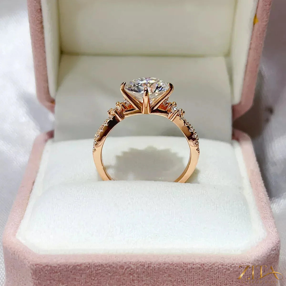 Sterling silver moissanite ring with a 3-carat gemstone, crafted by Zita La Belle Elite, showcasing a sparkling, elegant design.