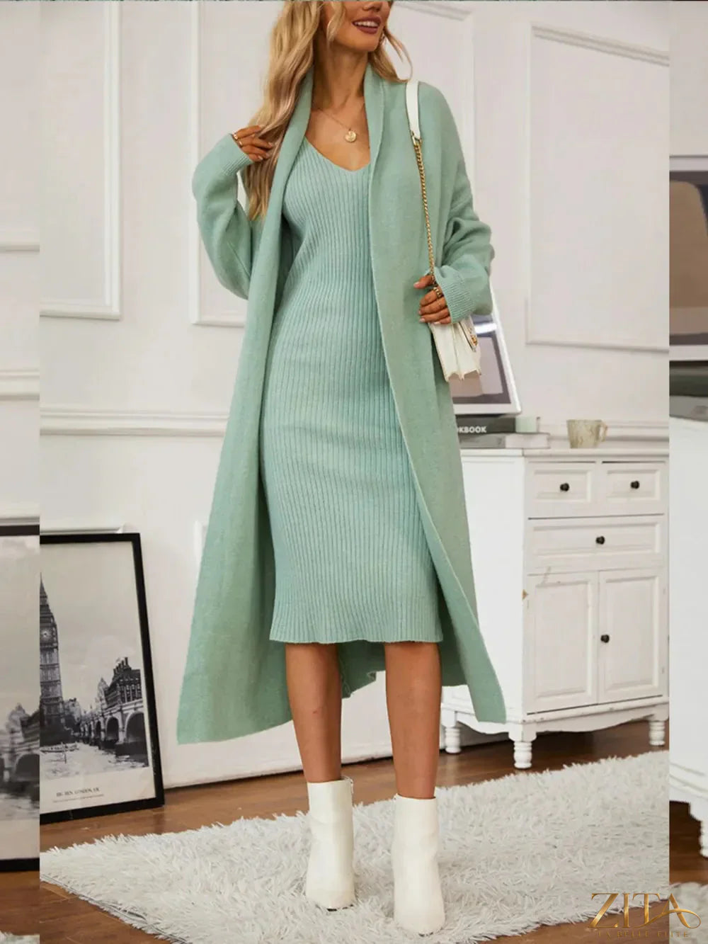 Zita La Belle Elite V-neck cami dress with open front cardigan sweater set, stylish and comfortable for casual or dressy occasions.