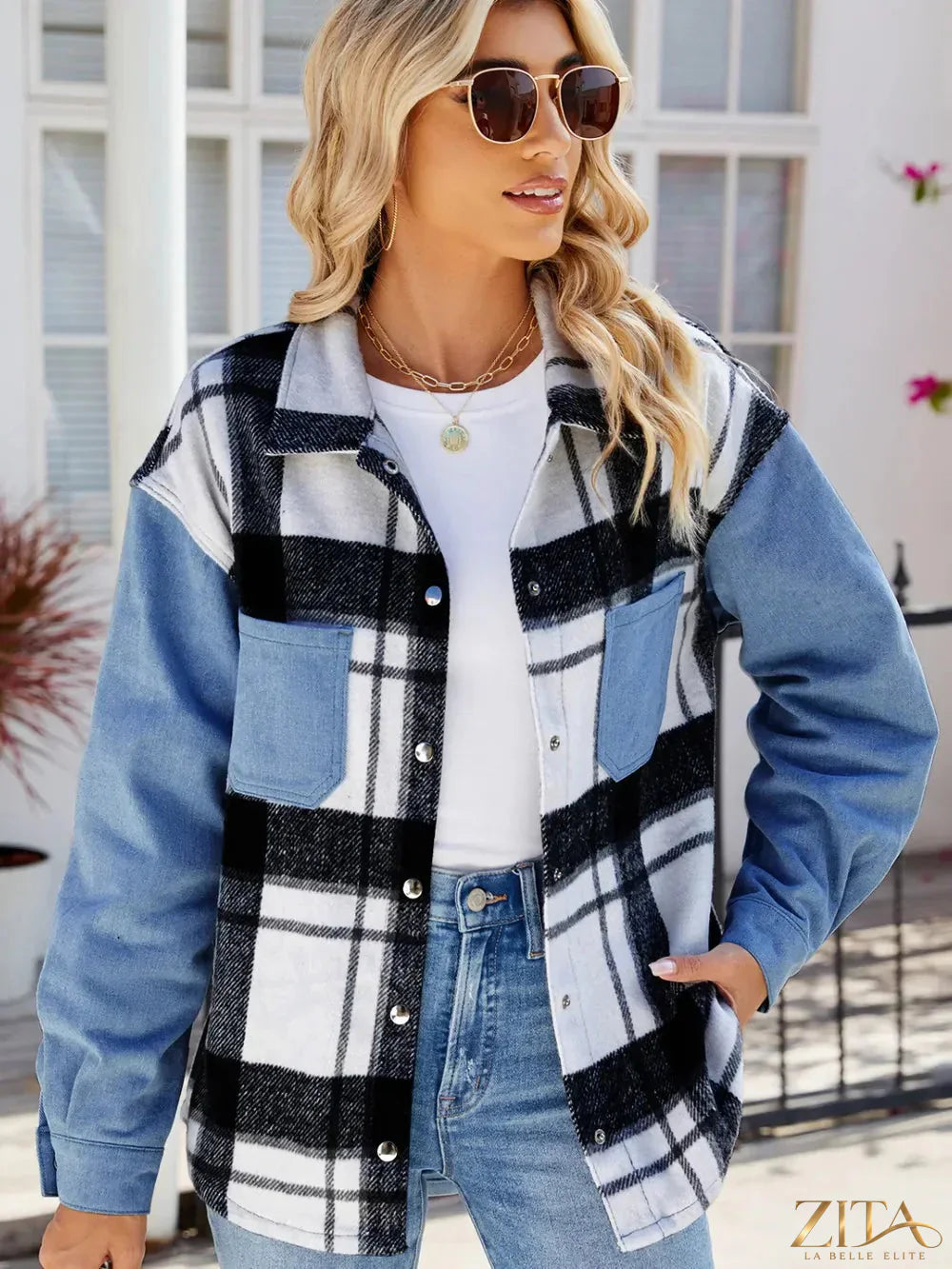 Zita La Belle Elite pocketed plaid snap-down denim jacket with front chest pockets and button closure, shown in a stylish plaid pattern.