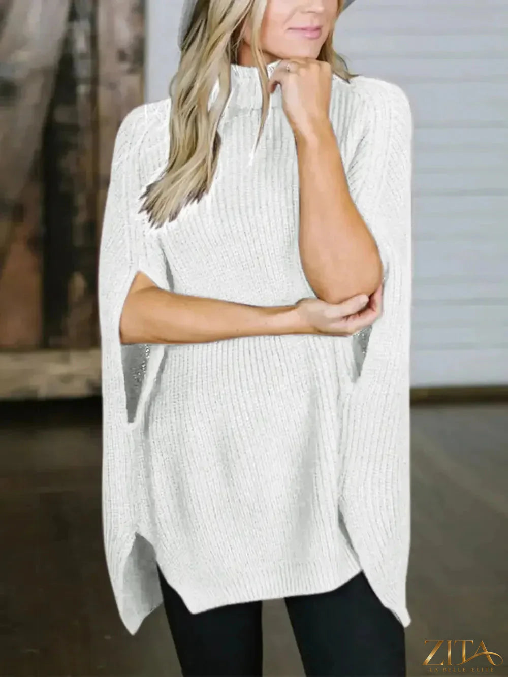 Zita La Belle Elite turtleneck slit sweater in soft knit fabric, featuring a high neckline and stylish slit detail at the side.