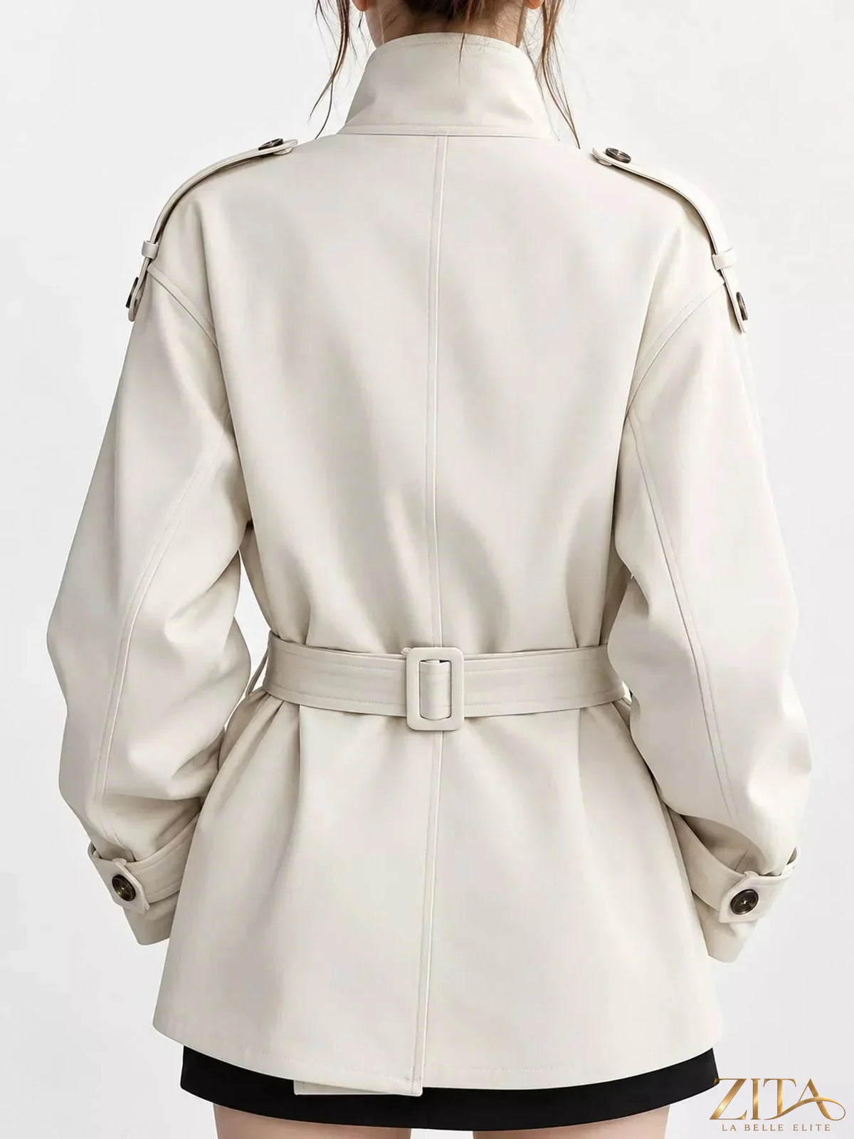 Zita La Belle Elite double-breasted turtleneck trench coat, stylish outerwear with a classic silhouette and button details.