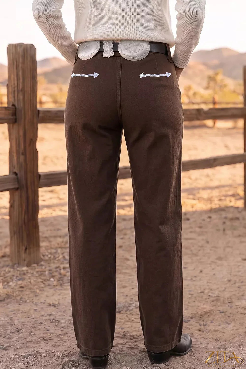 Zita La Belle Elite Western colorblock straight leg jeans with blue and tan panels, classic denim style, and relaxed fit.