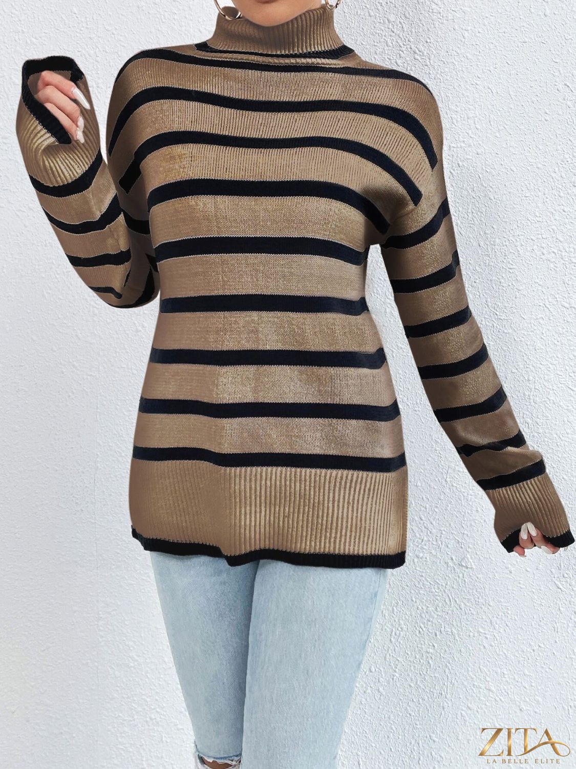Striped turtleneck drop shoulder sweater by Trendsi, showing close-up of cozy knit fabric with bold stripe pattern and relaxed fit.
