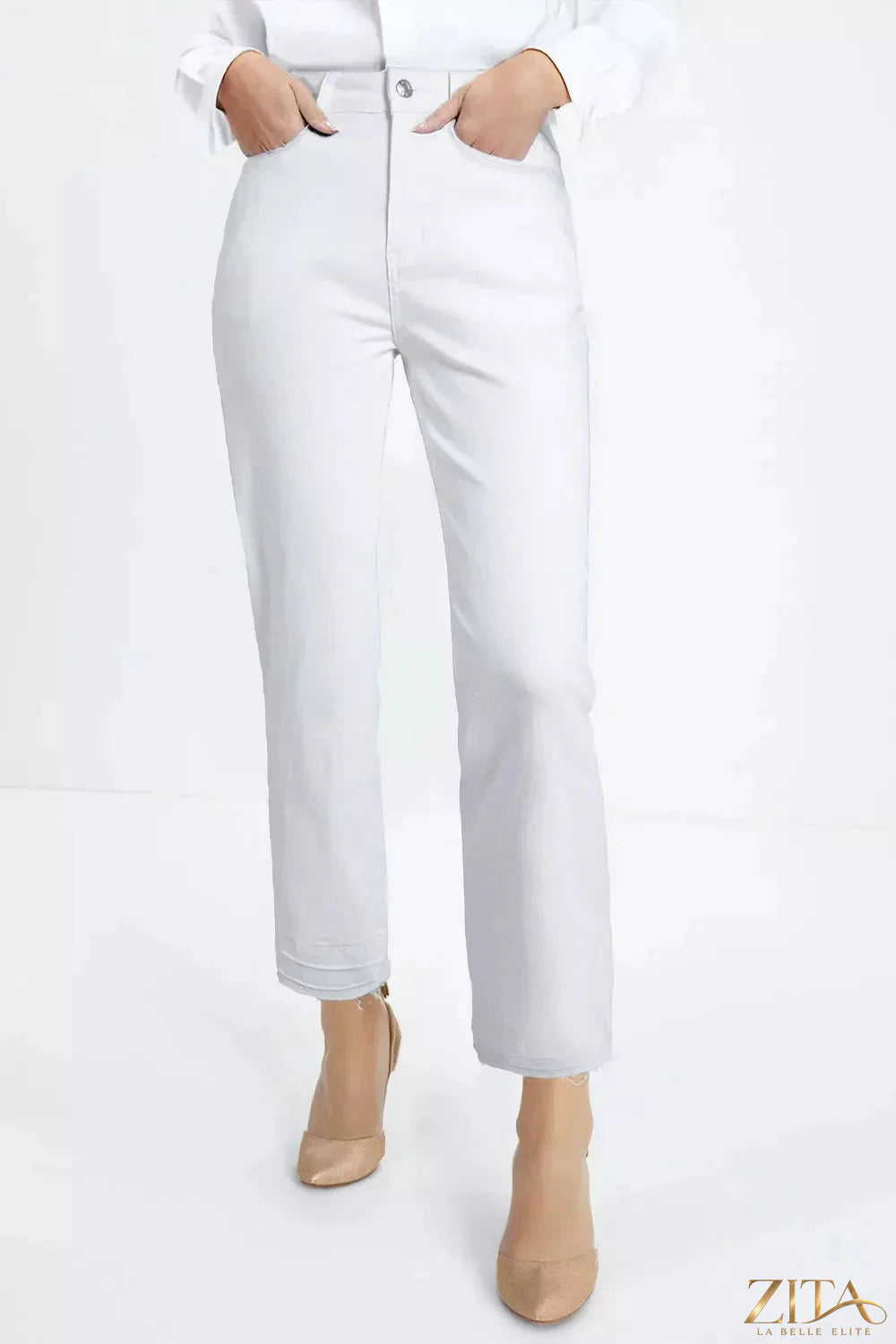 Zita La Belle Elite high-waisted straight leg jeans displayed on a mannequin, showcasing classic denim fit and design.