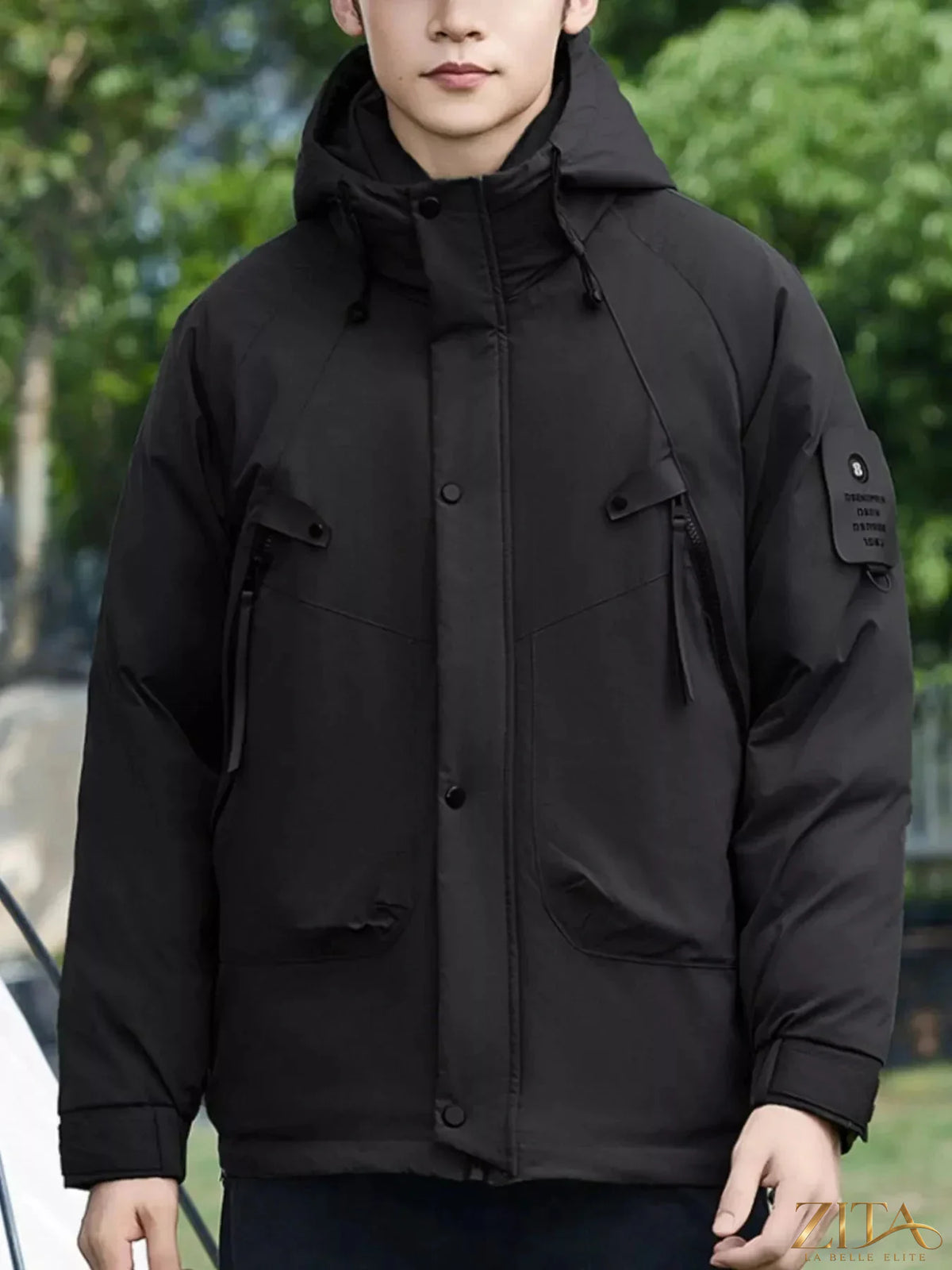 Plus size men's hooded snap down jacket by Zita La Belle Elite, front view showing the zip and hood details.