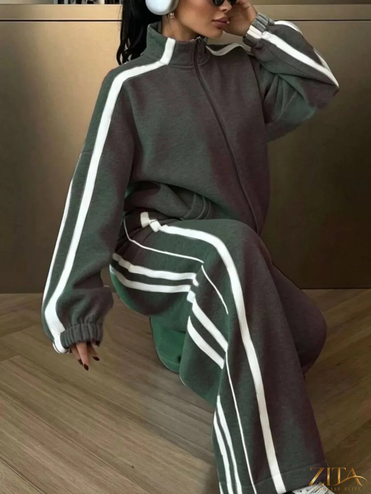 Zita La Belle Elite side stripes zip-up top and matching pants set, featuring sporty design with side stripe details on fabric.