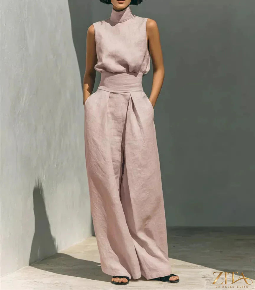 Plus size Zita La Belle Elite sleeveless turtleneck top and wide-leg pants set, stylish and comfortable for casual wear.