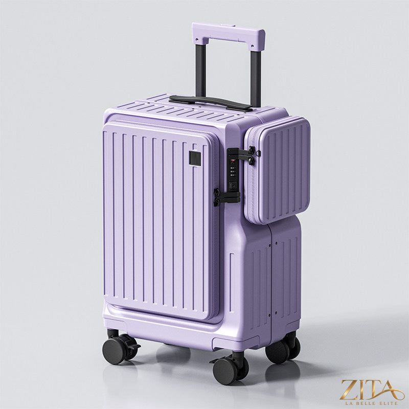 Zita La Belle Elite front-opening 20-inch carry-on suitcase with a sleek design and multiple compartments for travel convenience.