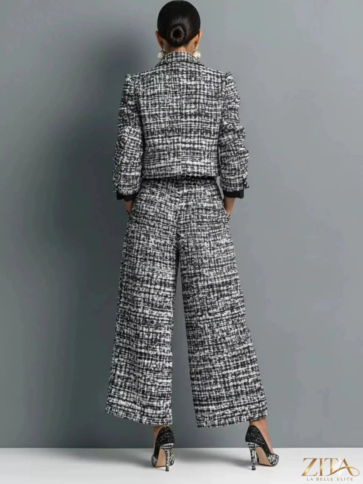Zita La Belle Elite tweed cropped jacket and wide-leg pants set, stylish two-piece outfit in textured fabric on a model.