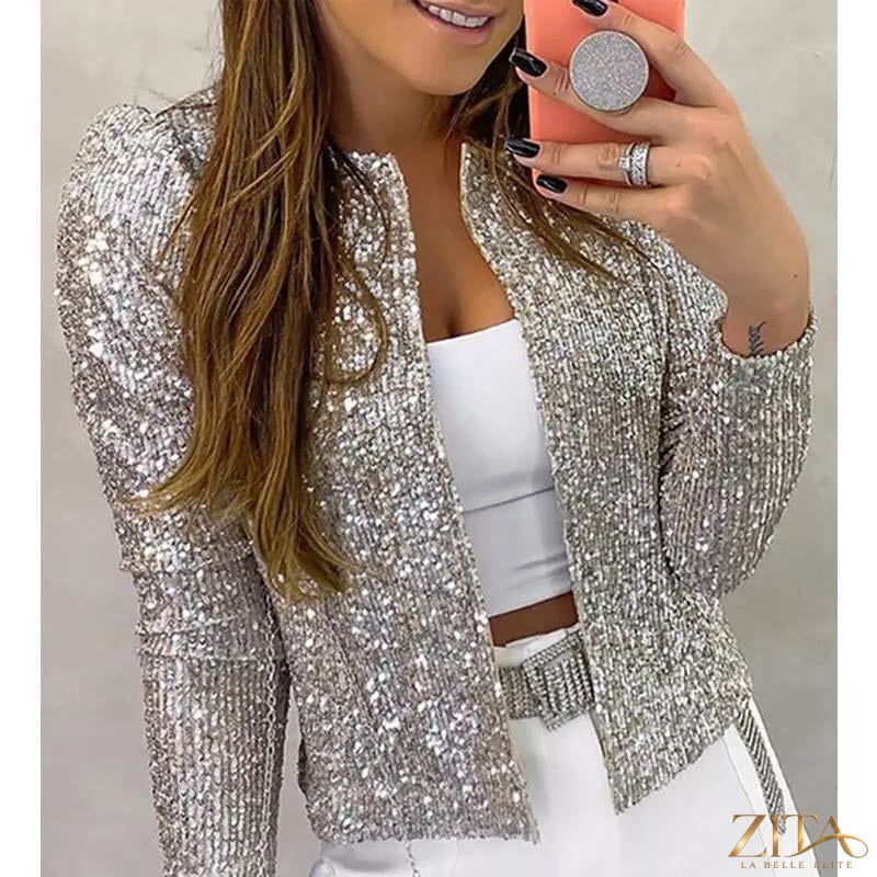 Women's colorblock sequin short jacket by Zita La Belle Elite featuring casual glam style and vibrant color accents.