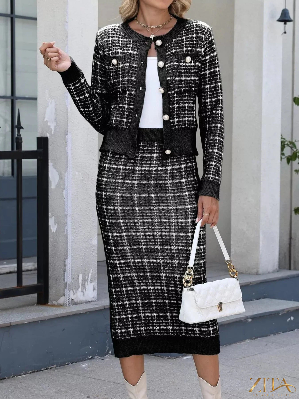 Zita La Belle Elite plaid knit cardigan and midi skirt sweater set, featuring a cozy, stylish matching top and skirt in a classic plaid pattern.