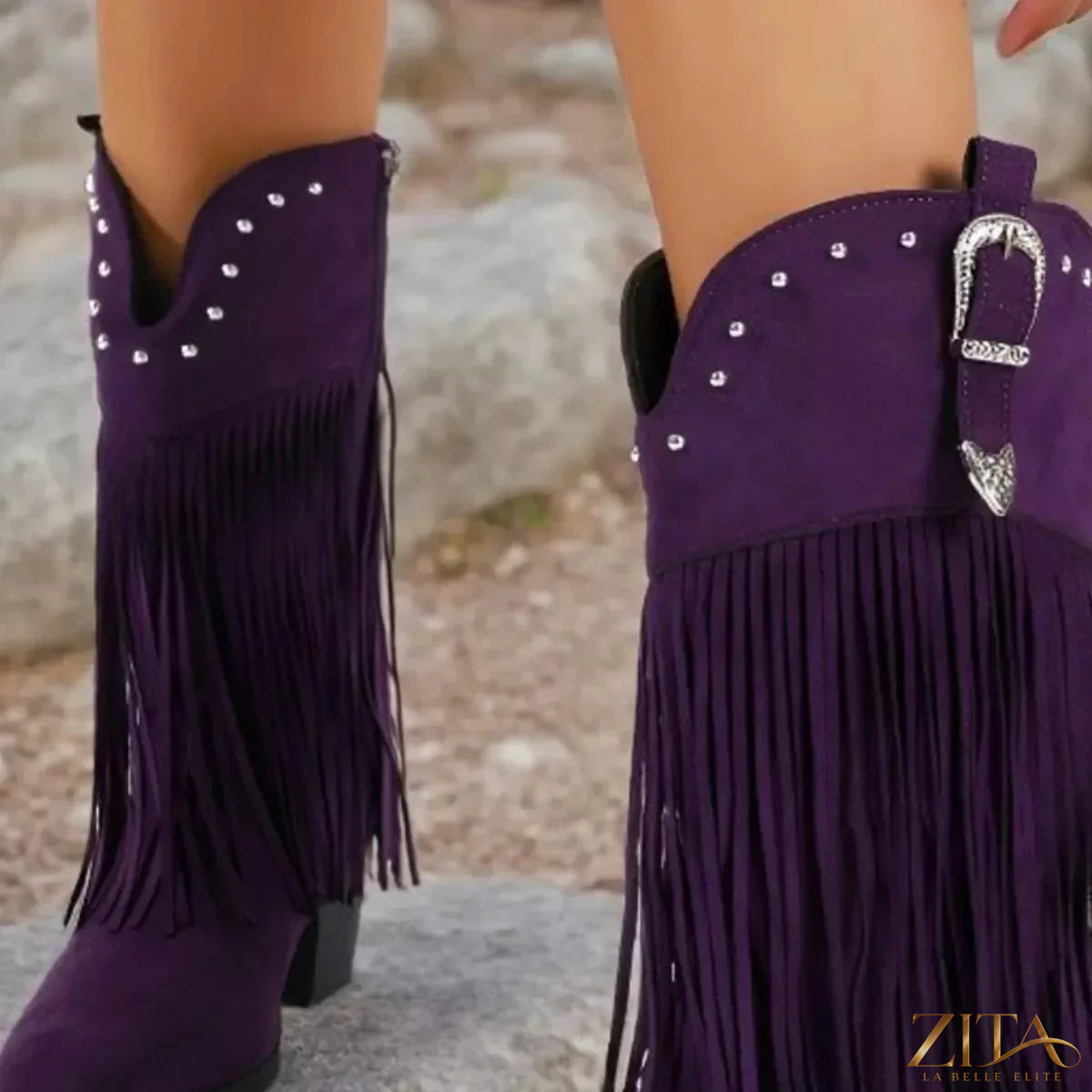 Zita La Belle Elite fringe round toe block heel boots with stylish design and ankle-high silhouette, shown in black leather.