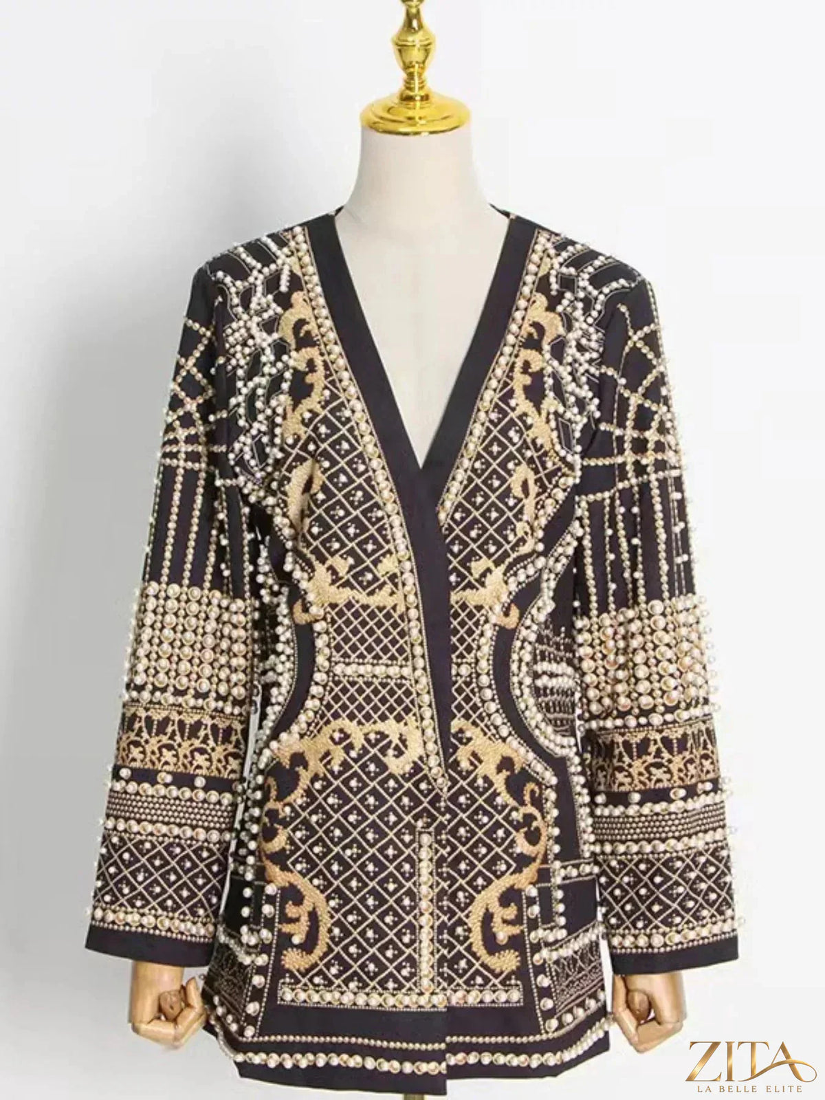 Plus size Zita La Belle Elite embellished pearl blazer with a single button, tailored fit, and elegant design.