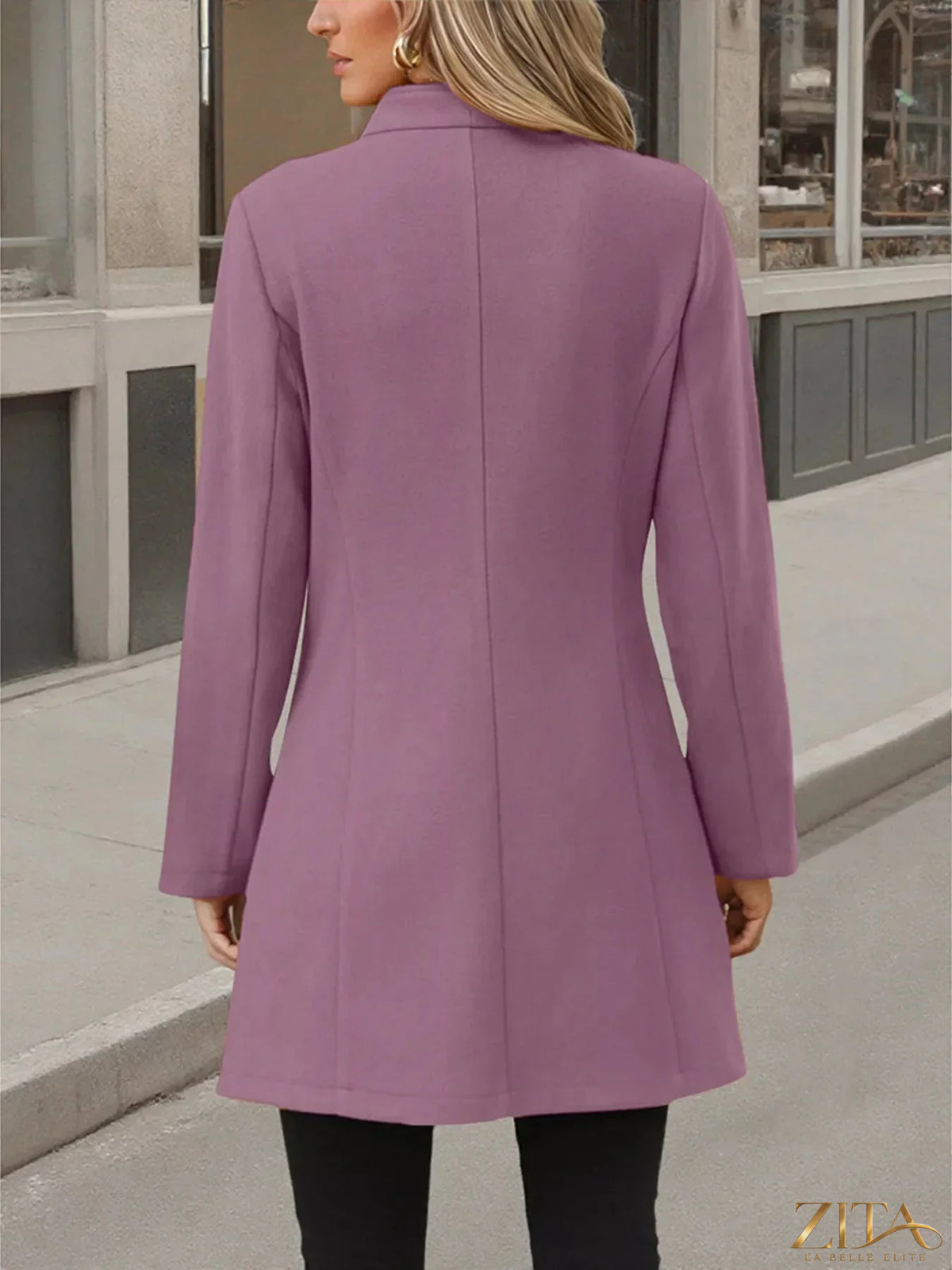 Zita La Belle Elite button-up long sleeve coat displayed on a hanger, featuring a tailored design and classic collar.