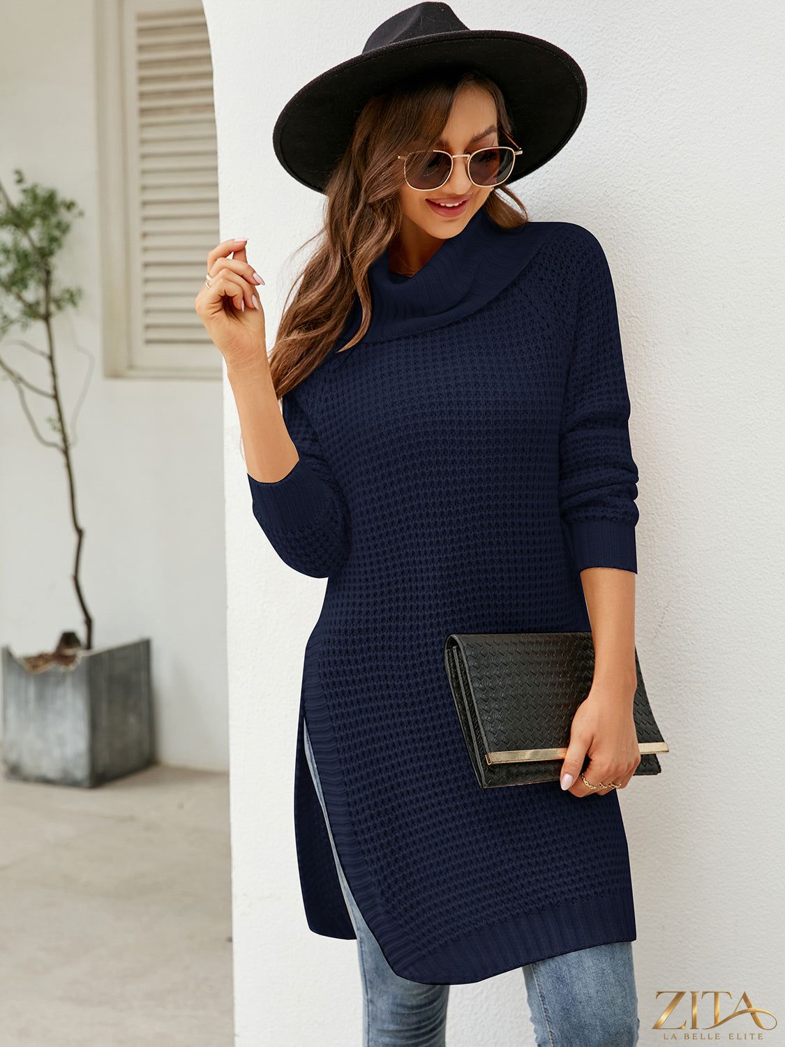 Waffle-knit turtleneck sweater dress with side slits, featuring a cozy, stylish design from Trendsi.