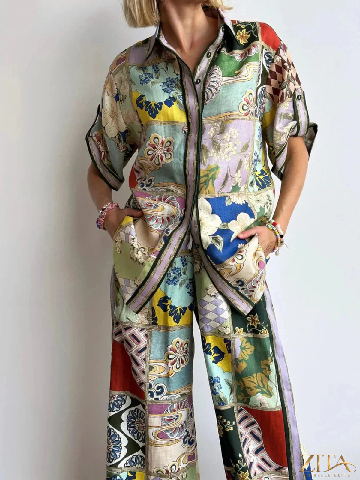 Zita La Belle Elite printed button-up shirt and matching pants set, featuring vibrant patterns and tailored fit.