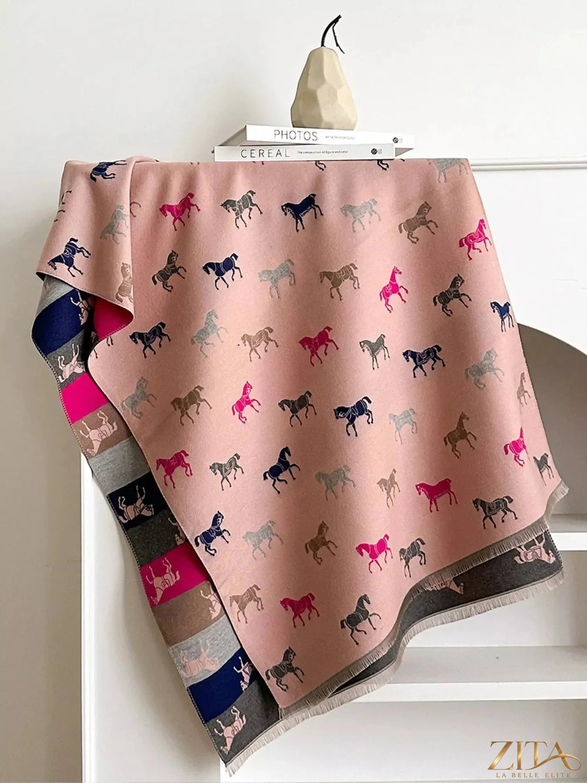 Zita La Belle Elite horse print raw hem scarf featuring a detailed horse illustration and fringed edges on soft fabric