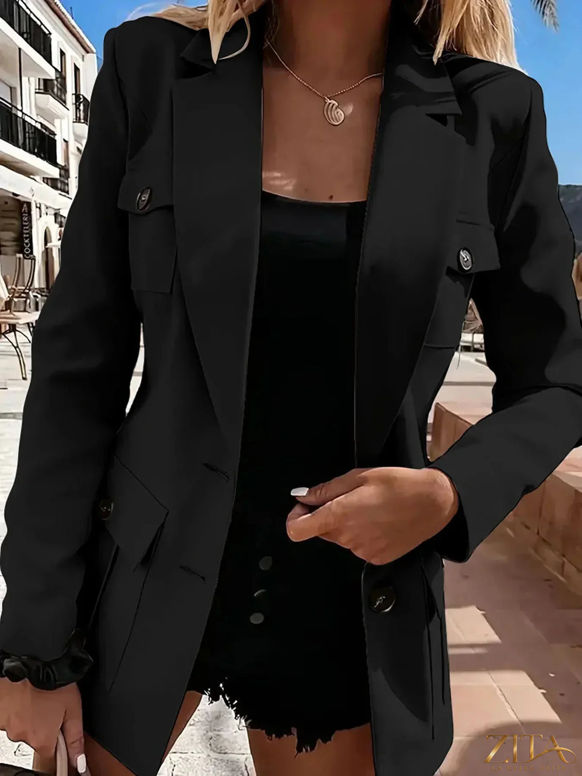 Zita La Belle Elite lapel collar long sleeve blazer with tailored fit and classic design, shown in a stylish close-up image.