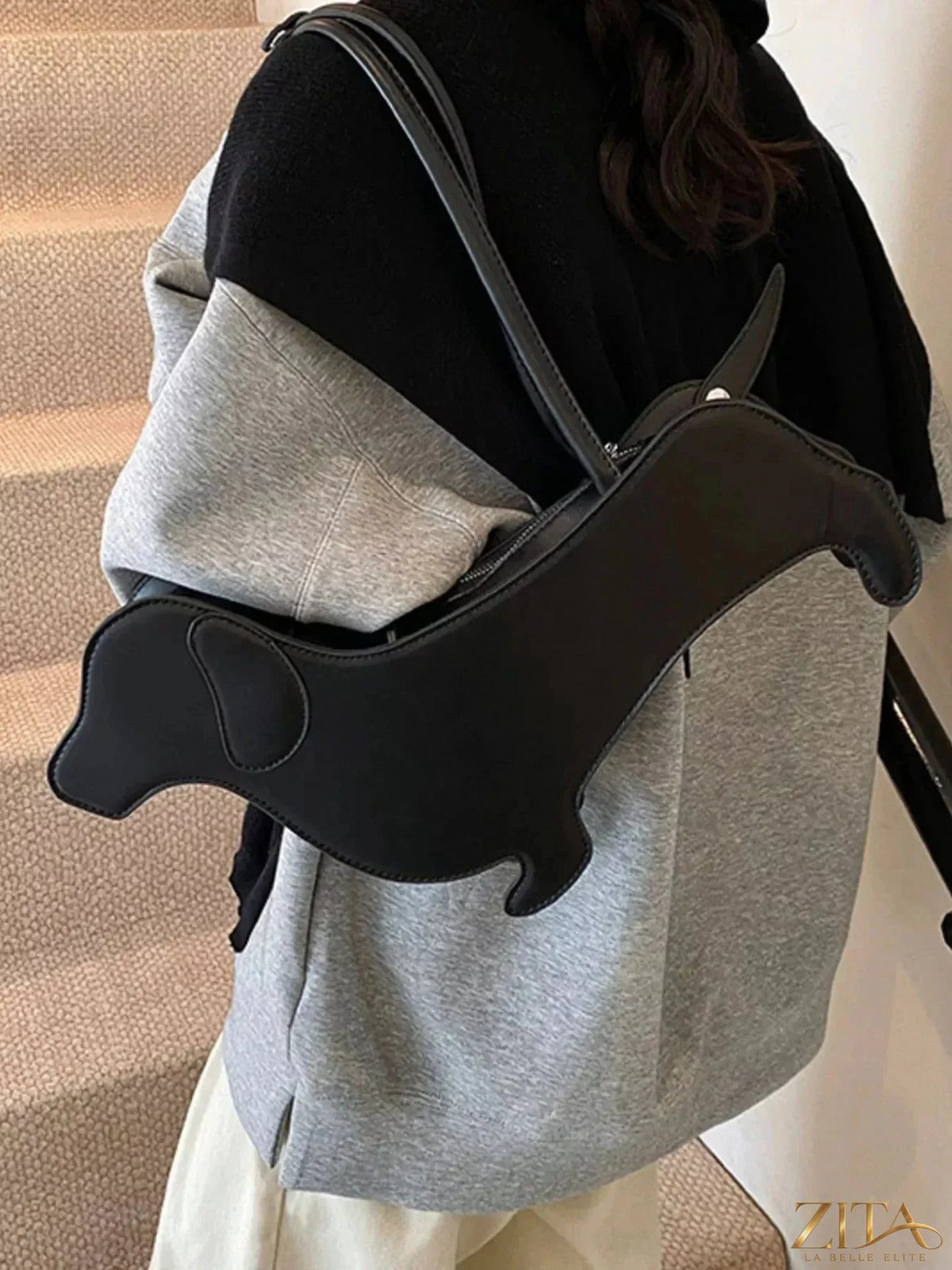 Zita La Belle Elite dachshund-shaped shoulder bag in beige with brown accents, featuring detailed dog design and adjustable strap.