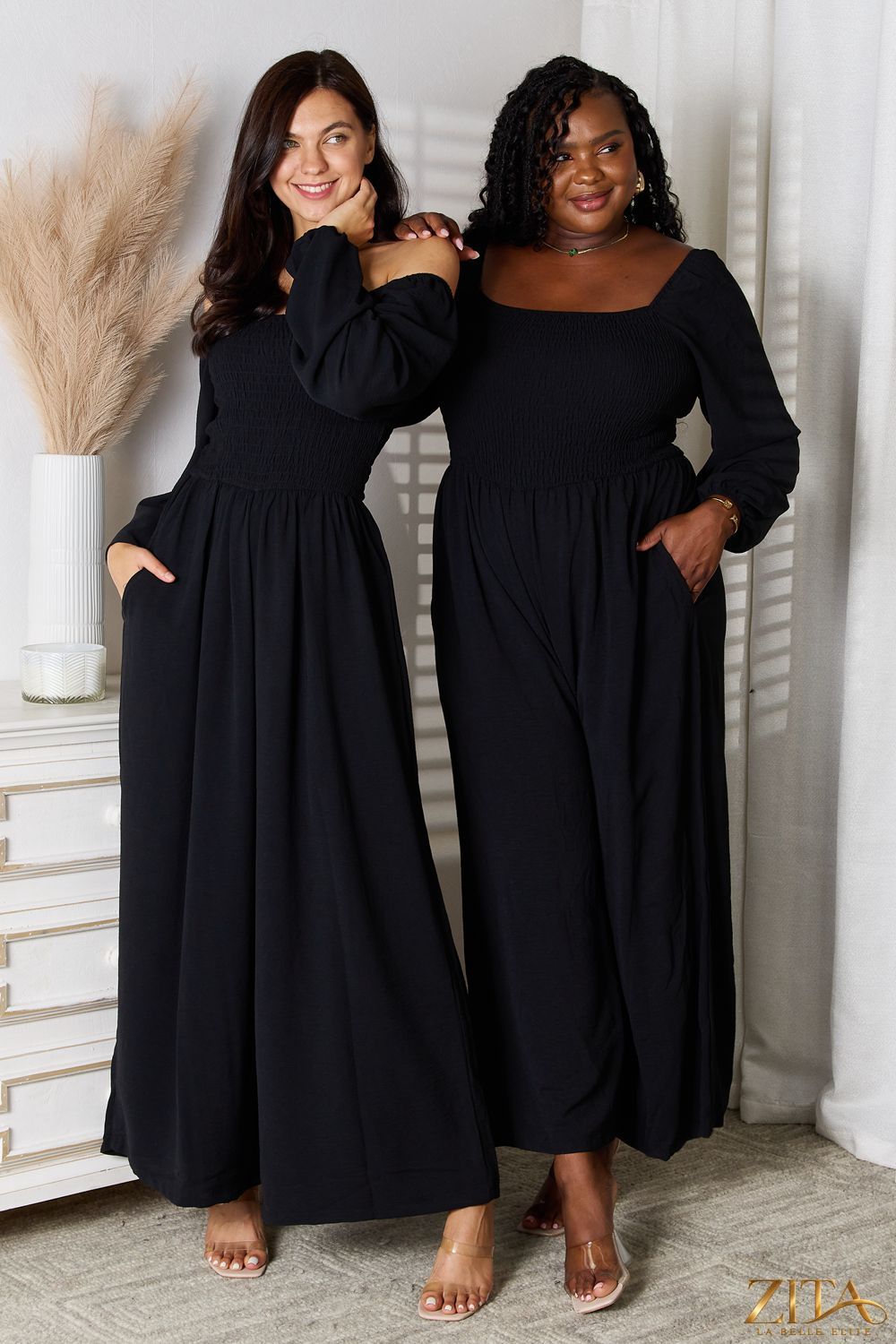 Zita La Belle Elite double take square neck jumpsuit with pockets, featuring a fitted bodice and wide-leg pants.