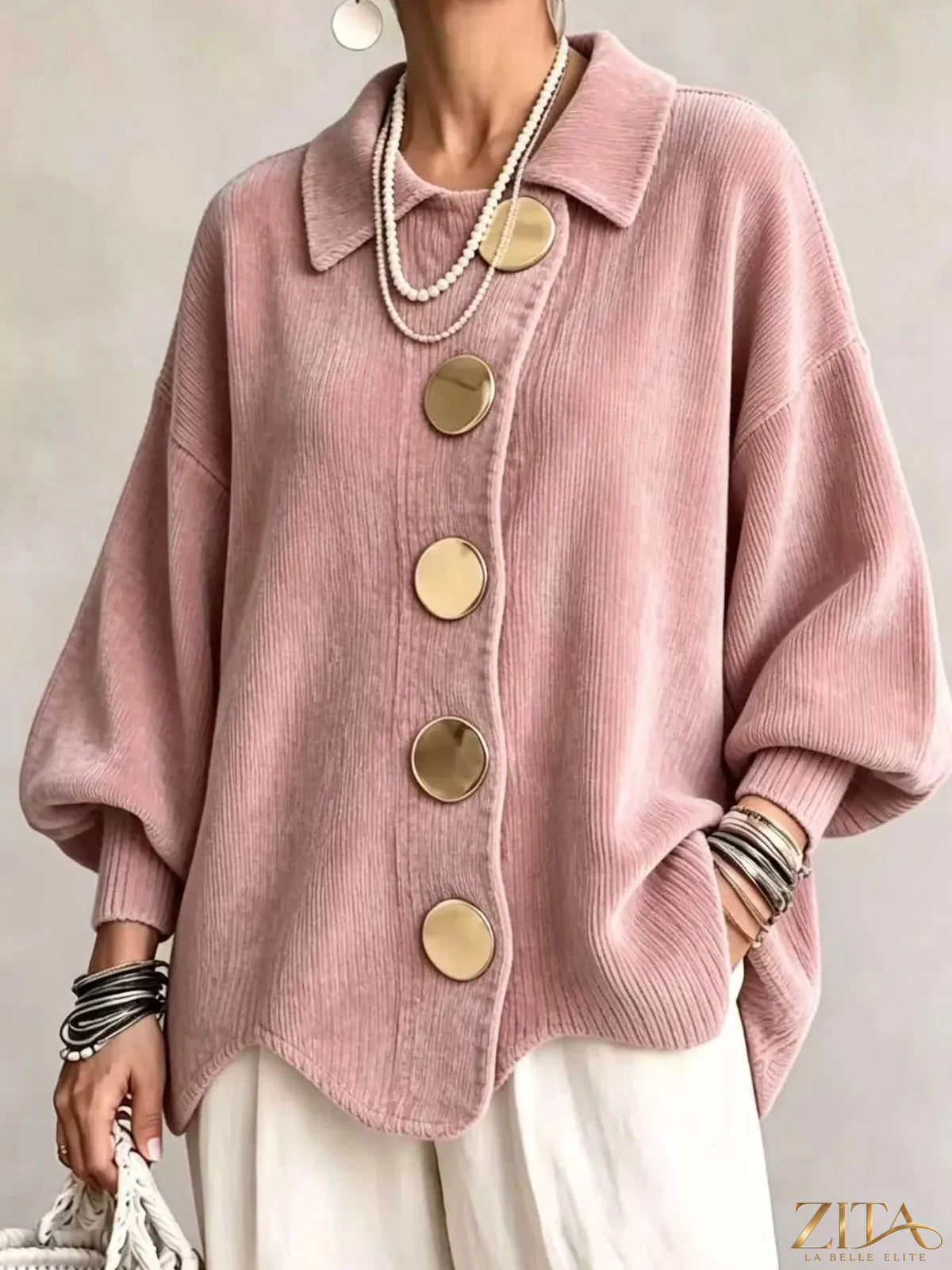 Plus size ribbed knit cardigan with gold buttons by Zita La Belle Elite, showcasing its full front view and textured fabric.
