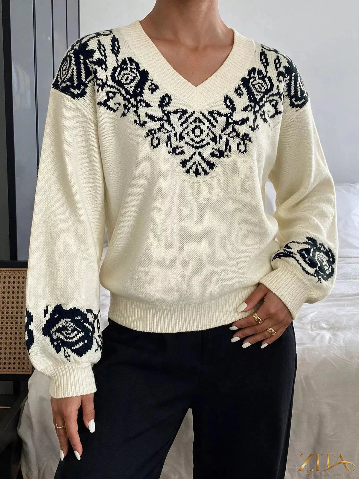 Zita La Belle Elite floral dropped shoulder sweater featuring a soft knit fabric and colorful floral pattern on a relaxed fit.