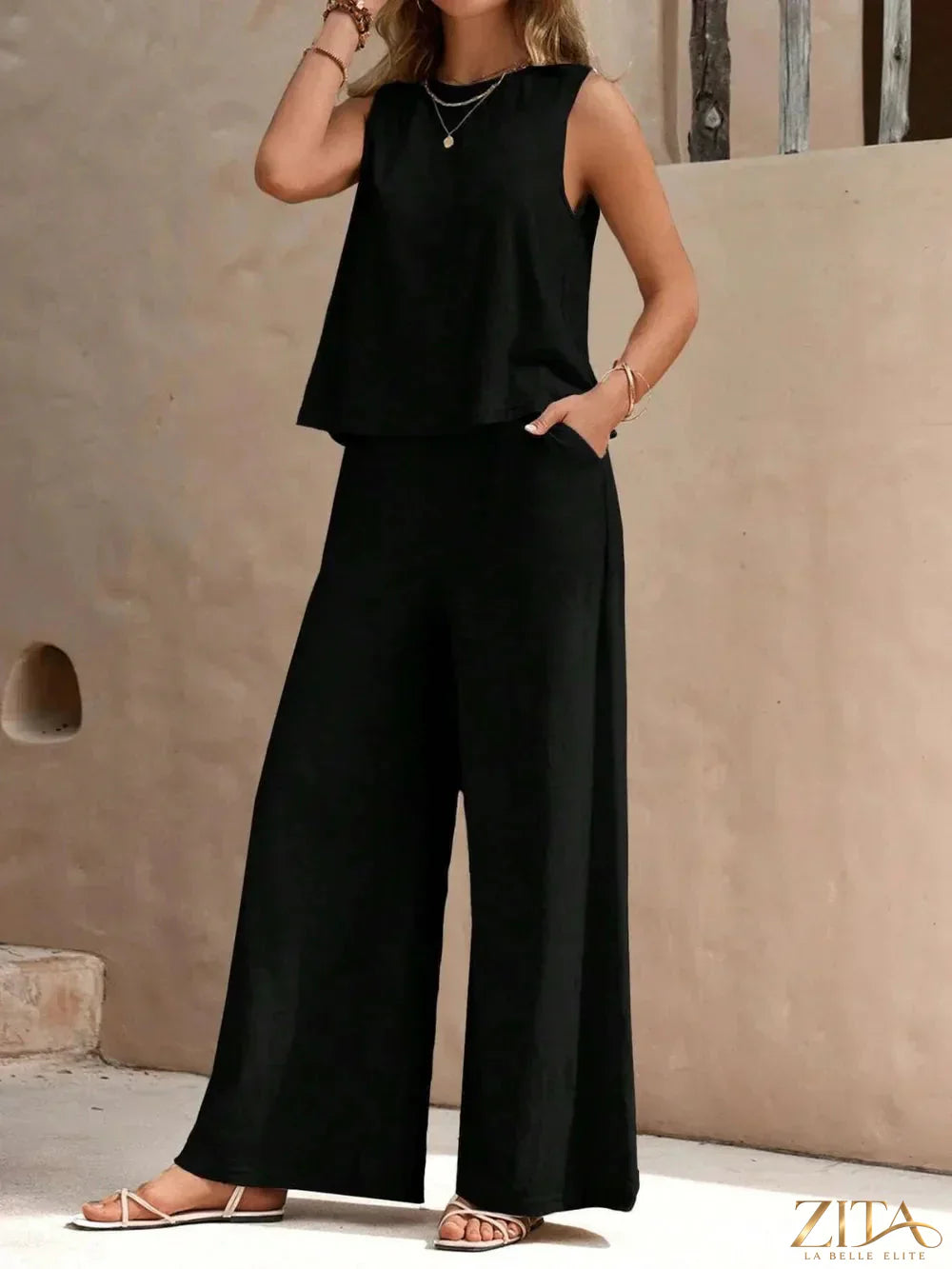 Zita La Belle Elite round neck sleeveless top with wide-leg pants set, featuring a stylish, casual look in neutral fabric