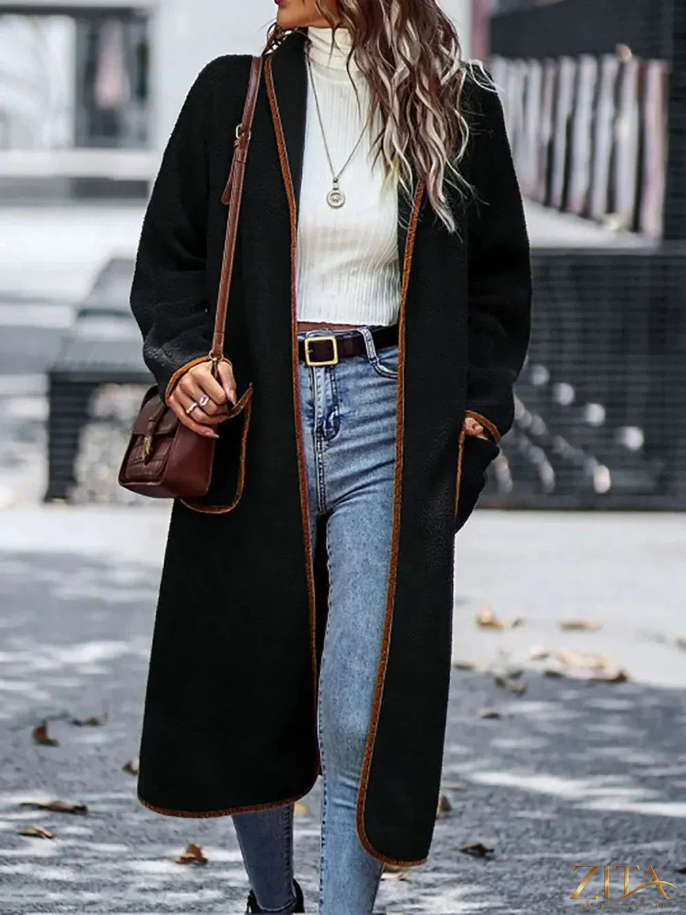 Zita La Belle Elite full-size long sleeve coat with contrast trim and pockets, stylish and warm outerwear for cold weather.