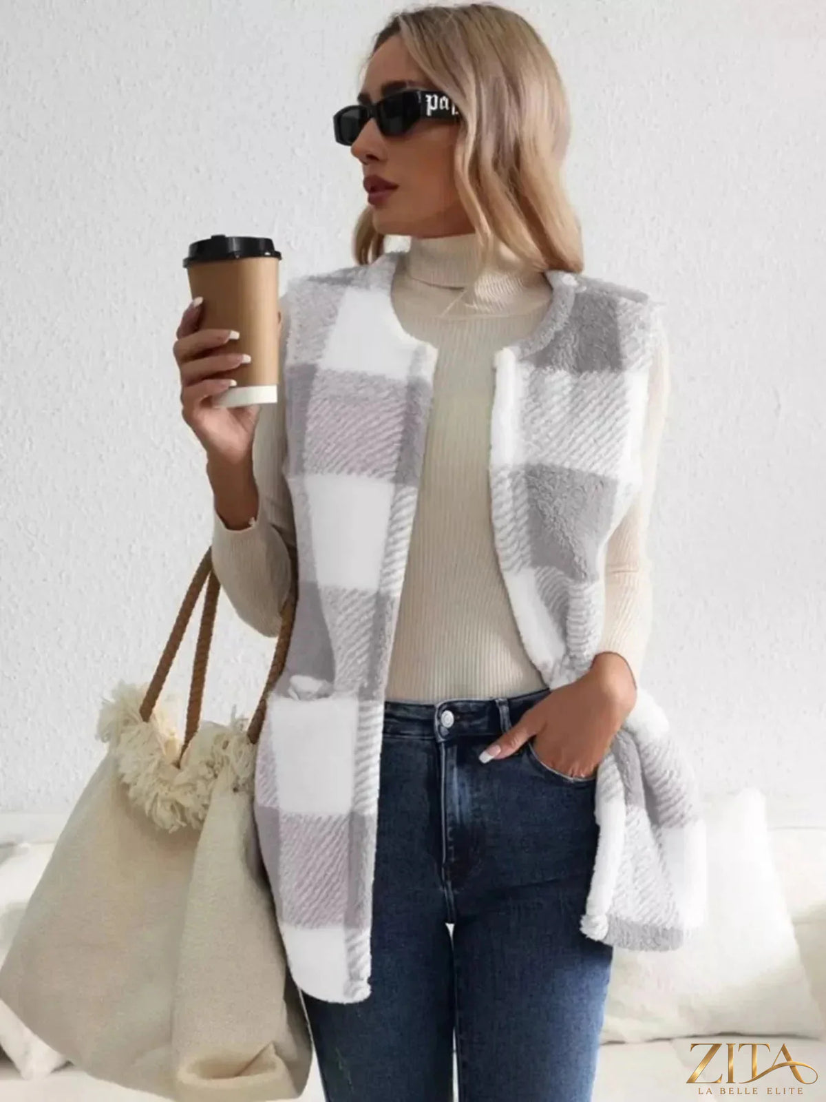 Zita La Belle Elite cozy plaid sherpa vest coat with soft lining and button details, perfect for cold weather layering.